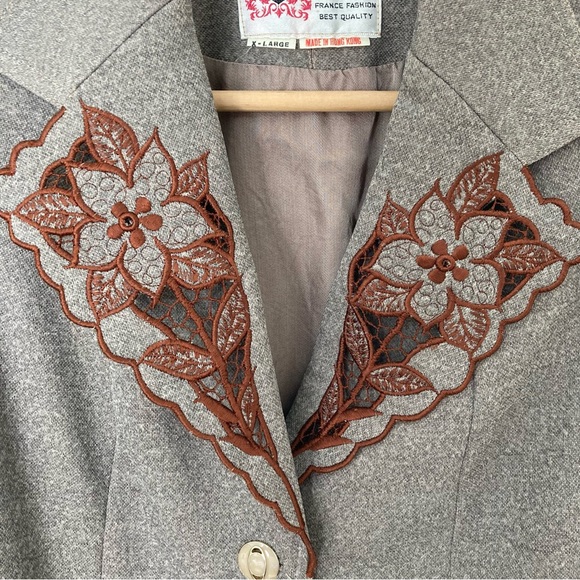 Vtg Veltex Gray Brown Floral Accented Suit Jacket, Size XL - Picture 5 of 8